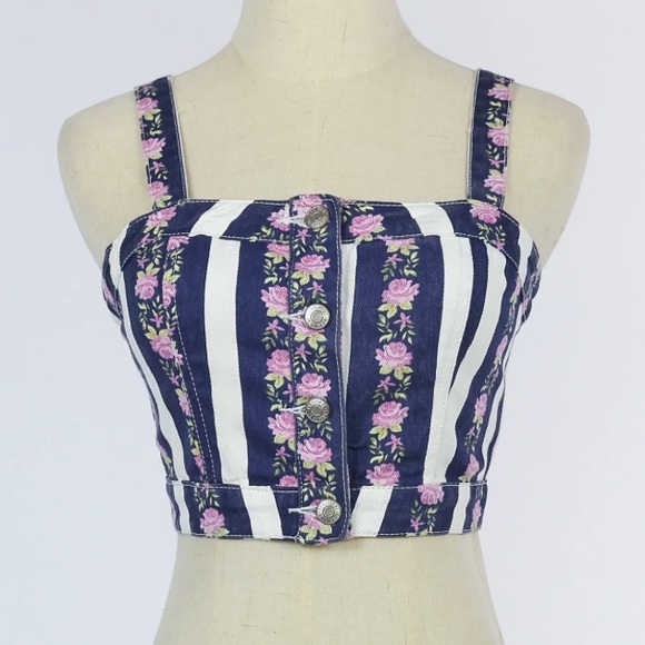 Forever 21 Floral Denim Print Bustier Style Crop Top - Picture 2 of 7